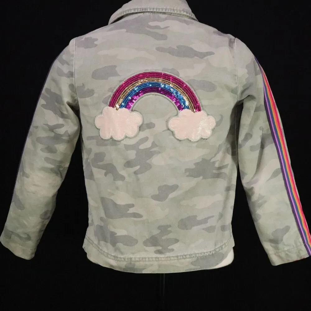 Canvas Camo Jacket Rainbow Seguin Girls Size M 7/8